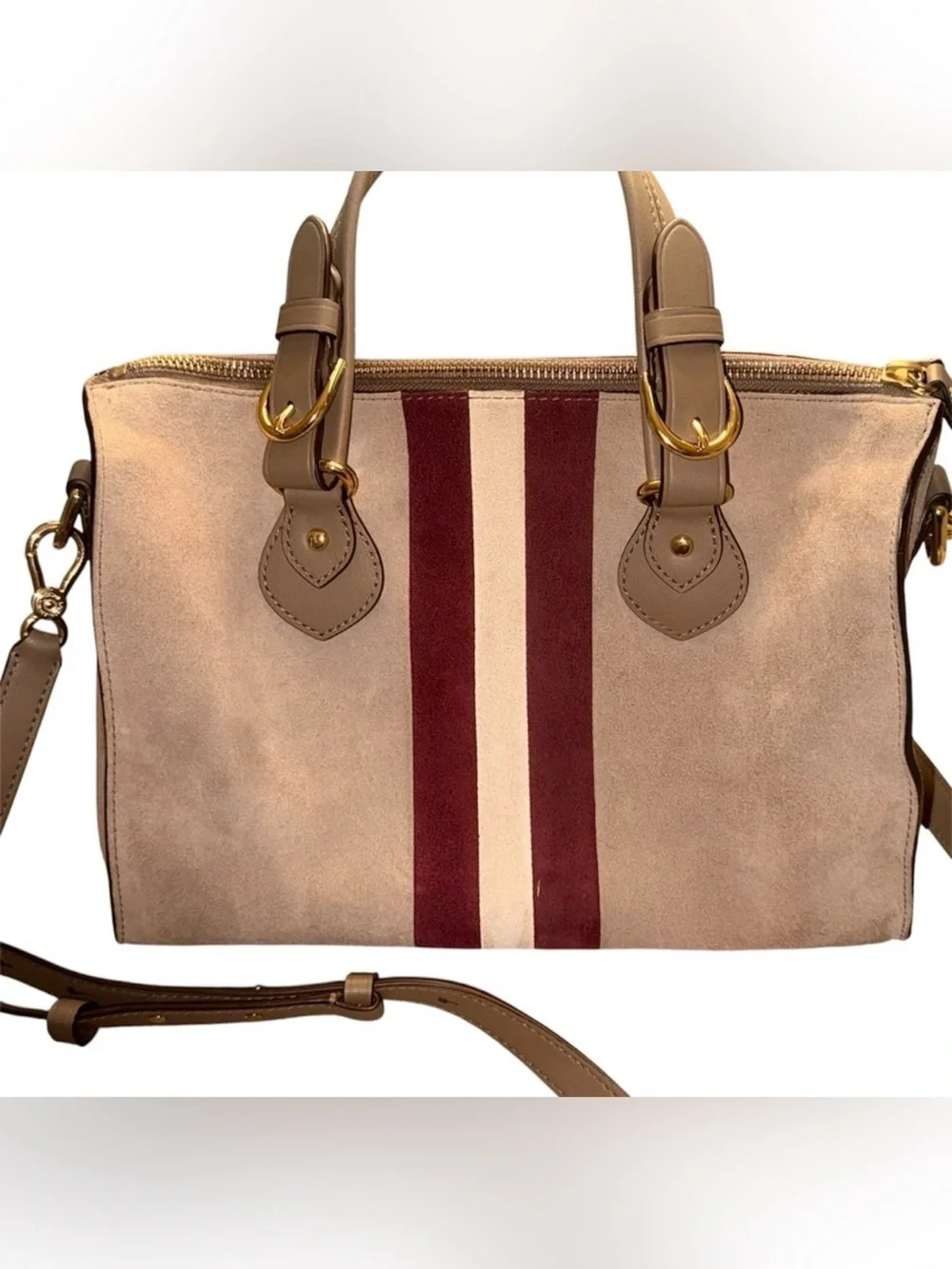 LAUREN Ralph Lauren Taupe Suede Crossbody Bag w/ Red & White Stripes - Like New!